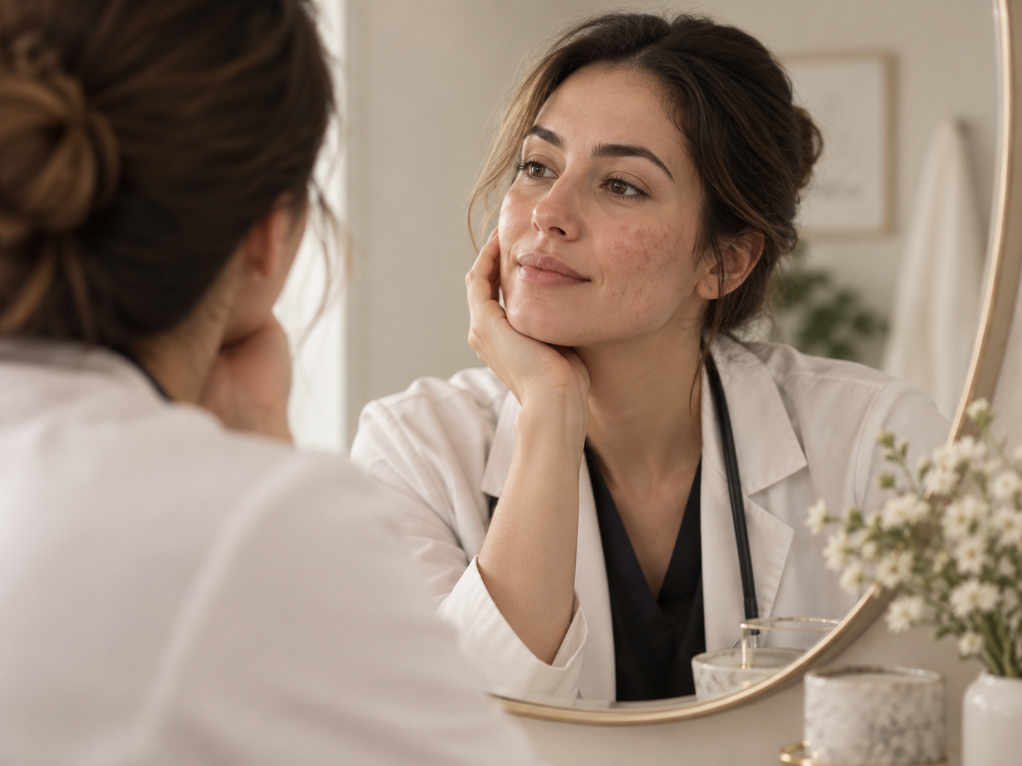 Illustrative portrait of a doctor reflecting on acne and natural skin texture