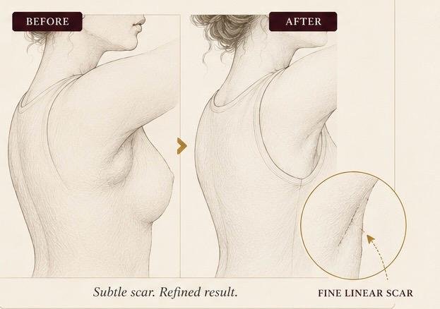 Illustration showing axillary breast tissue before and after treatment