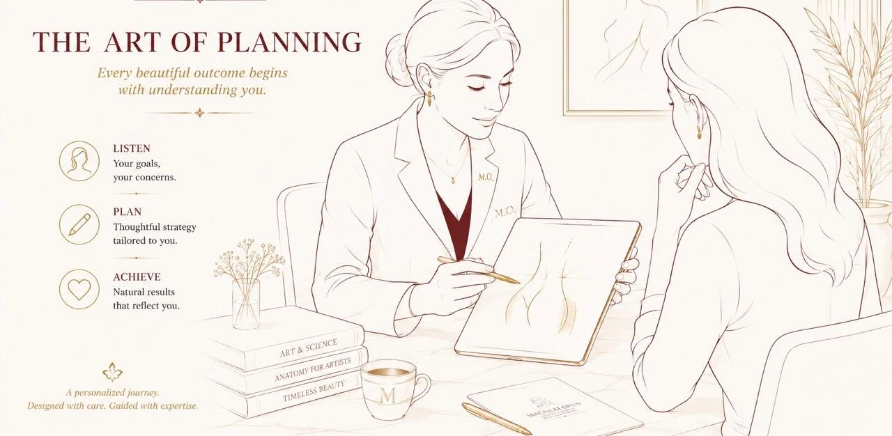 Illustration of a plastic surgeon discussing personalised breast augmentation planning with a patient