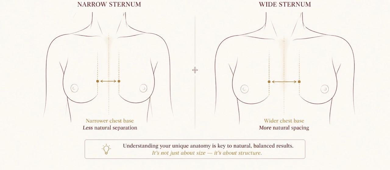 Illustration comparing narrow and wide sternum anatomy and natural breast spacing