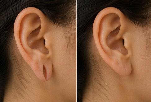 Example showing a torn or stretched earlobe and restored earlobe contour