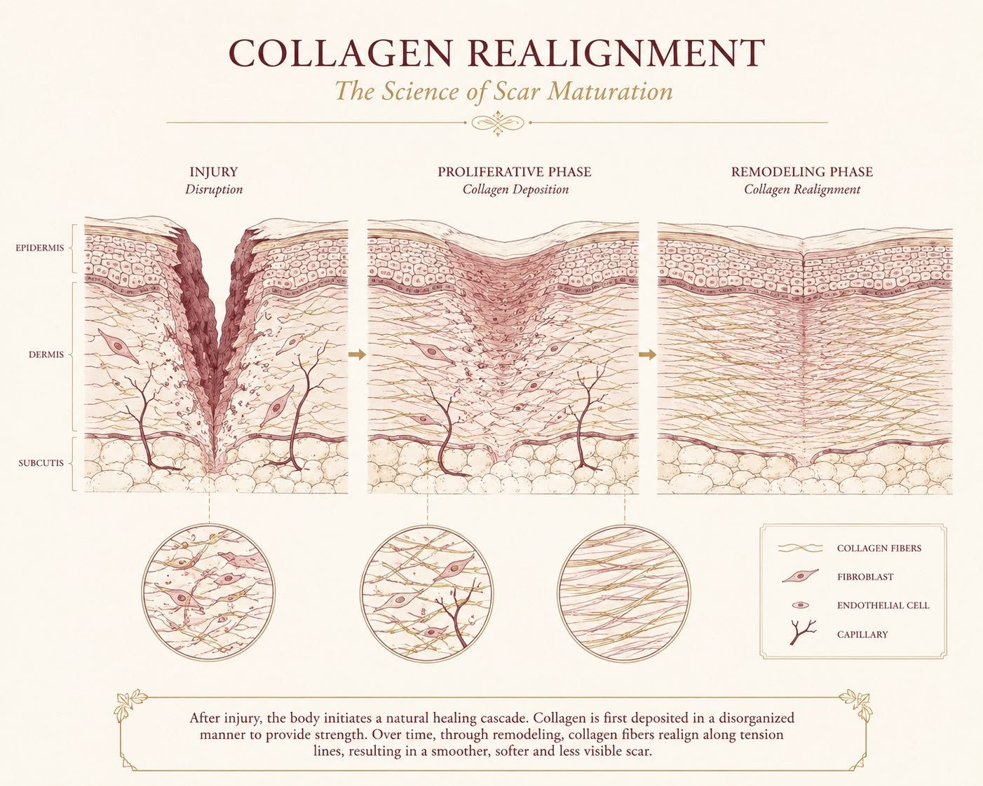 Illustration showing collagen remodeling during scar maturation
